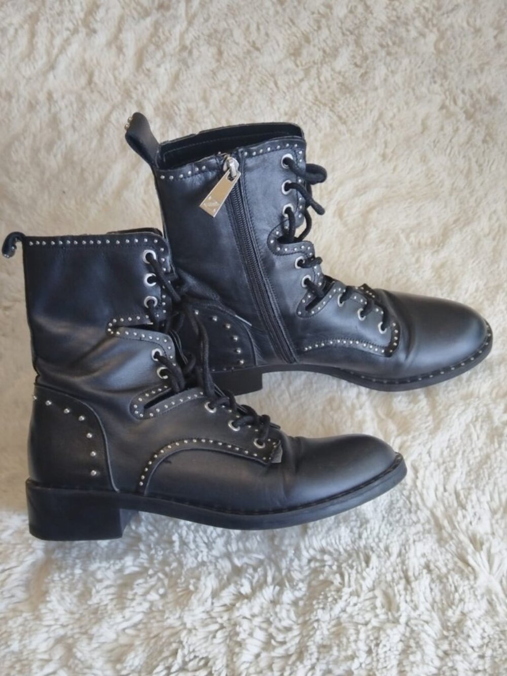ZARA Trafaluc Black Studded Leather Combat Boots Size 40 / US 9 Mid Calf
